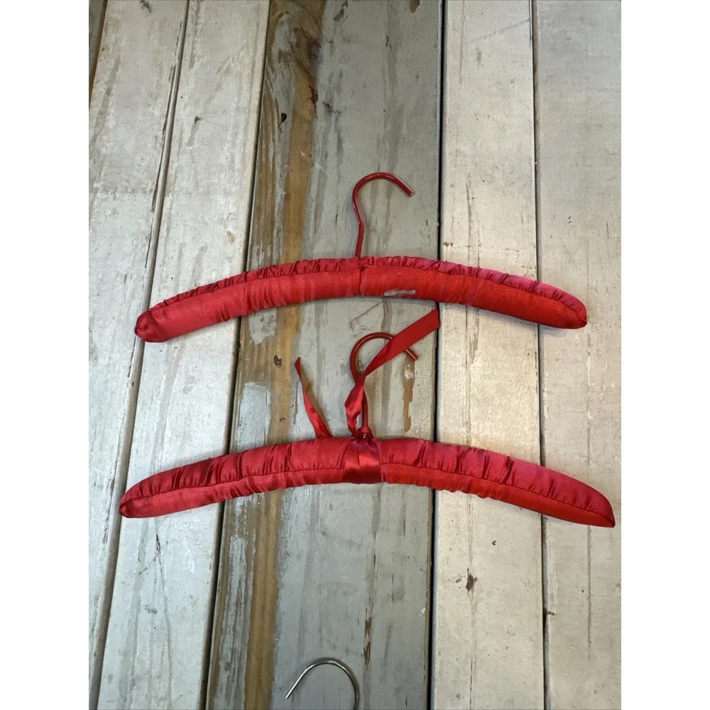 Vintage Red Satin, Blue Floral Fabric & One Crochet Padded Coat Hanger Lot Of 5